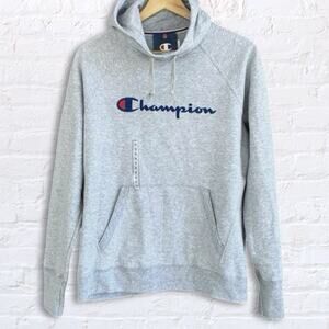 Champion Powerblend Fleece Funnel Hoodie Womens M Gray Classic Script Logo